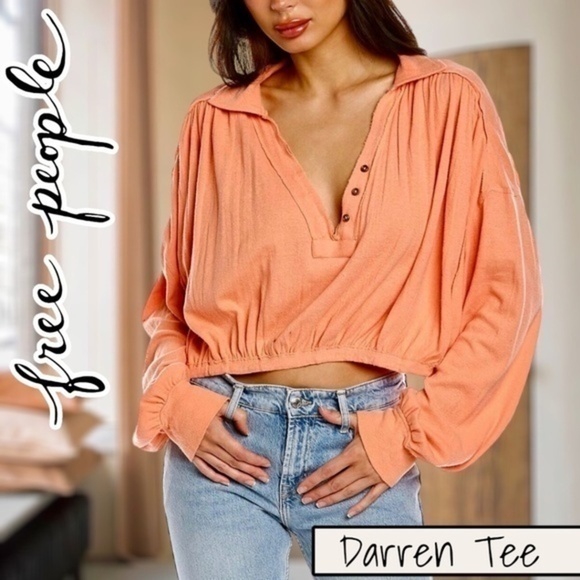 Free People Tops - FREE PEOPLE Darren Long Sleeve Relaxed Billowy Deep V-Neck Crop Top NWT/XS